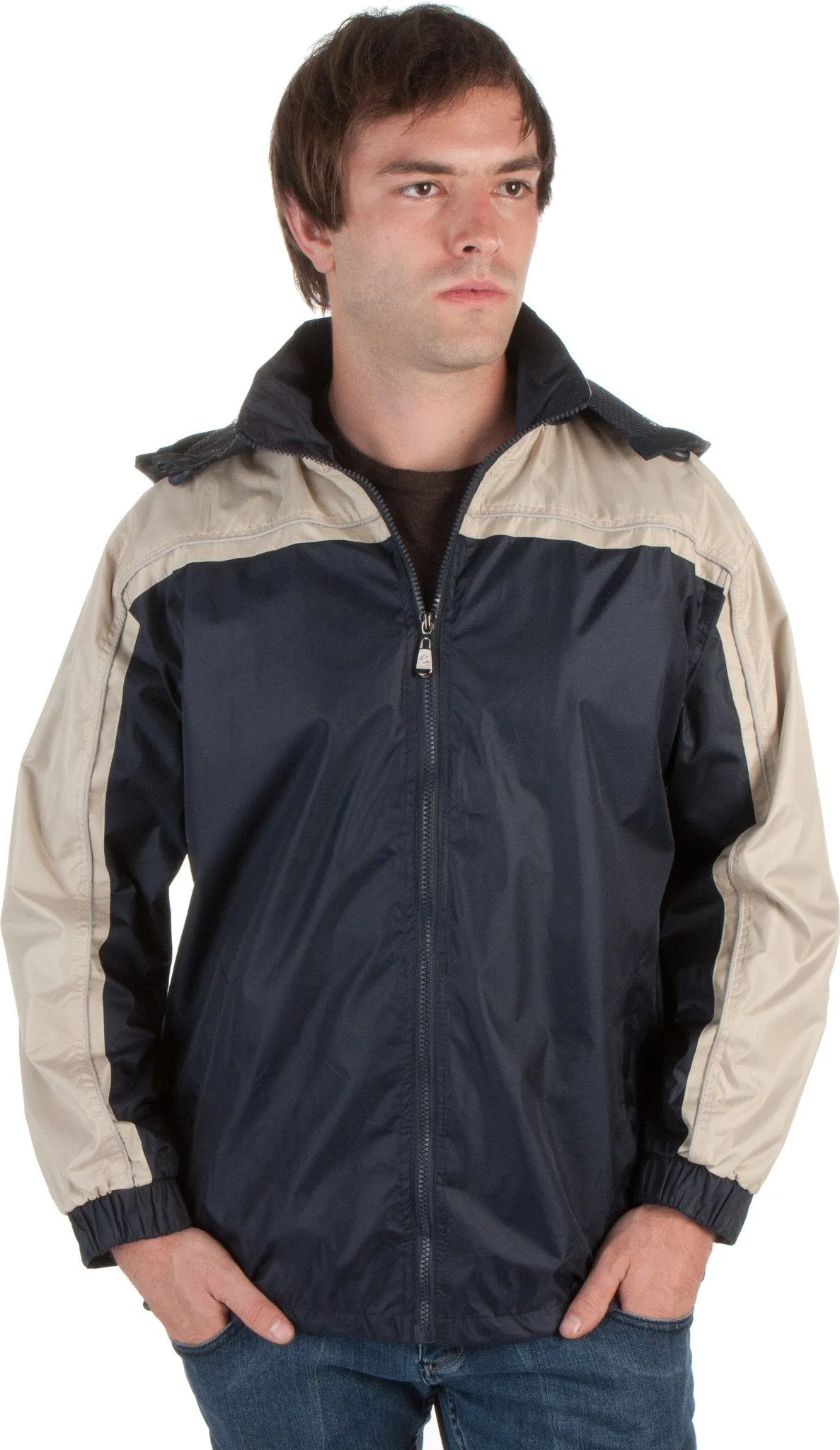 Adult Two-Tone Full-Zip Water-Resistant Hooded Windbreaker / Rain Jacket ( 2 Colors )