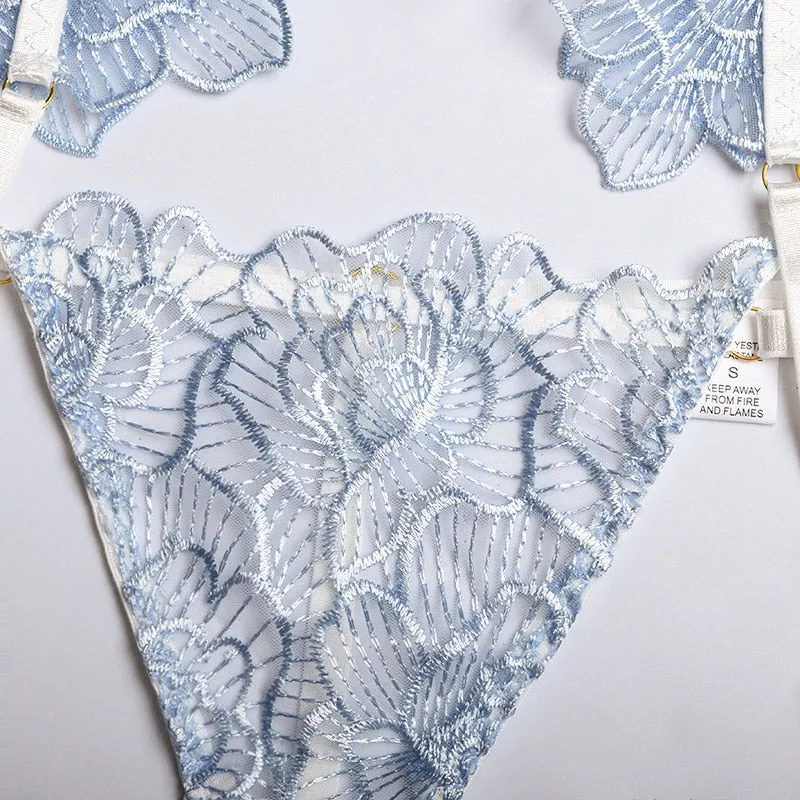 BerriesJam - 3-Piece Lace Bra Embroidery Transparent Underwear Set