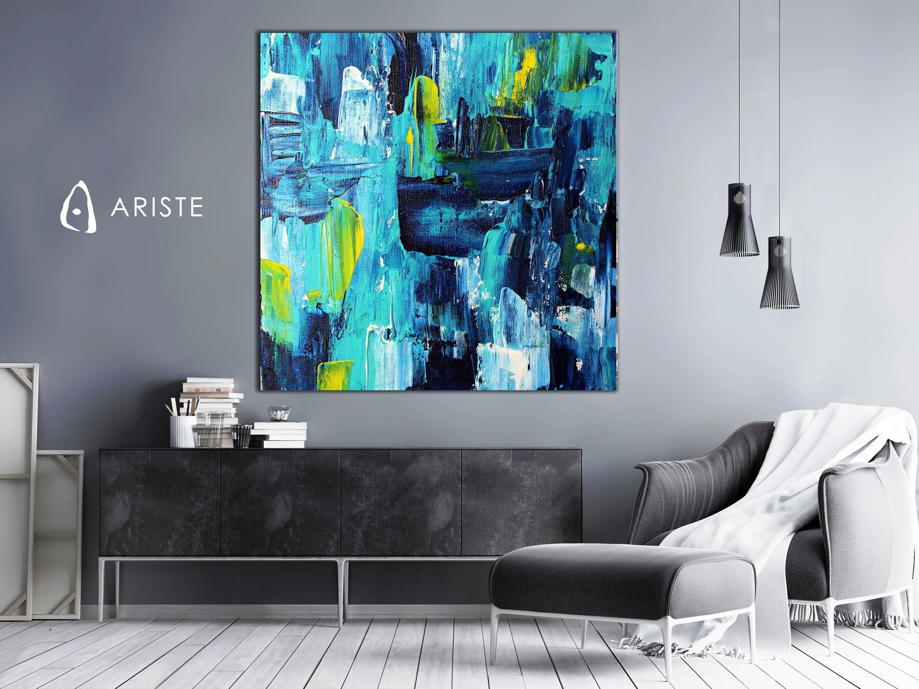 Blue & yellow extra large abstract painting made to order in a custom size