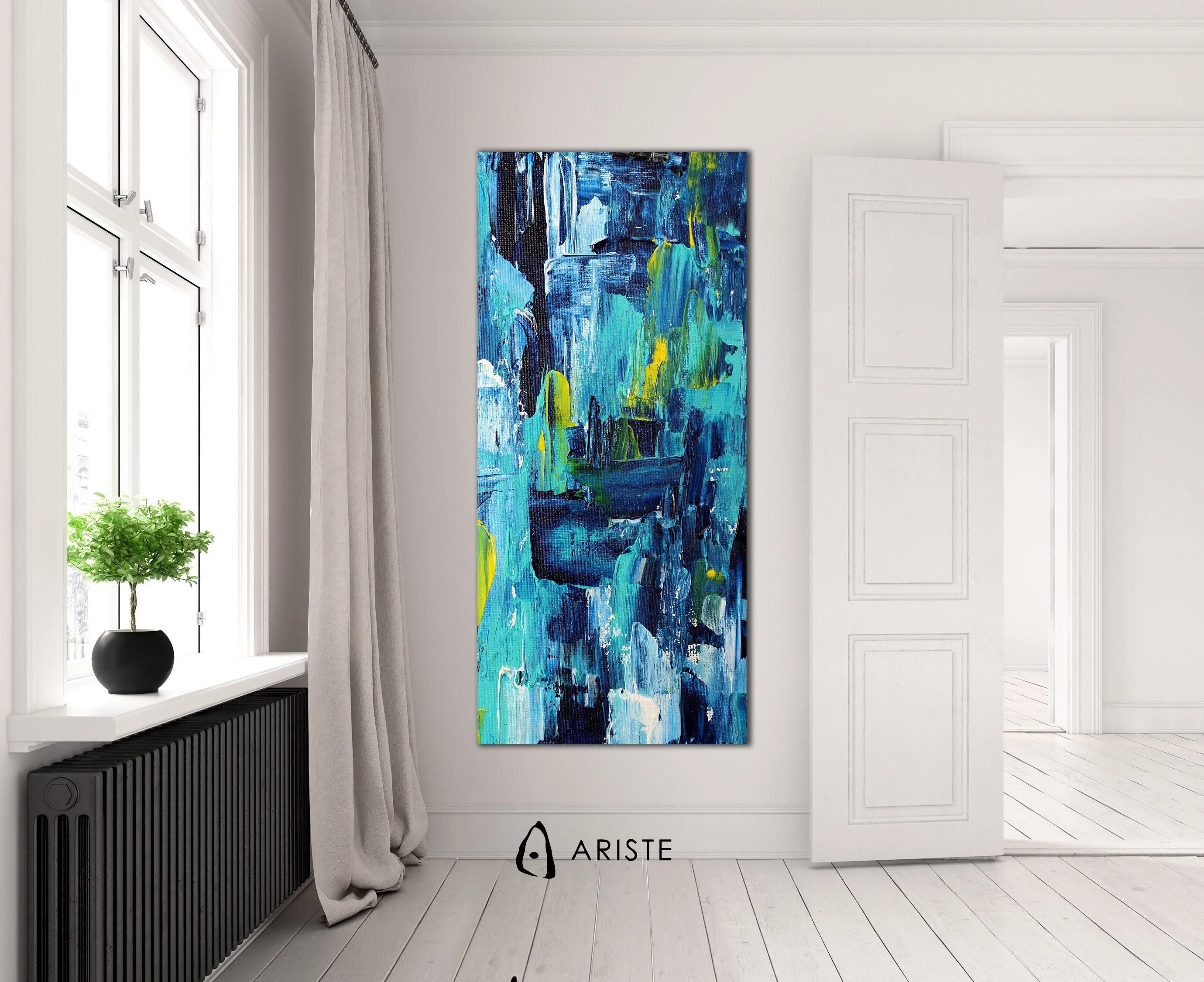 Blue & yellow extra large abstract painting made to order in a custom size