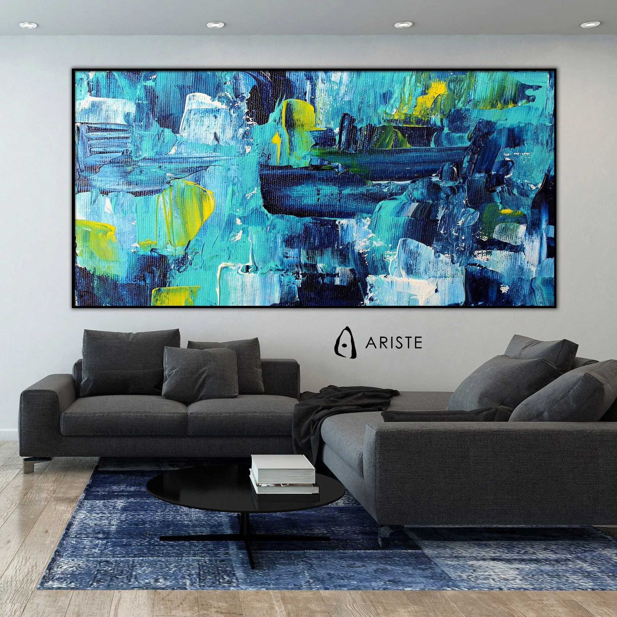 Blue & yellow extra large abstract painting made to order in a custom size