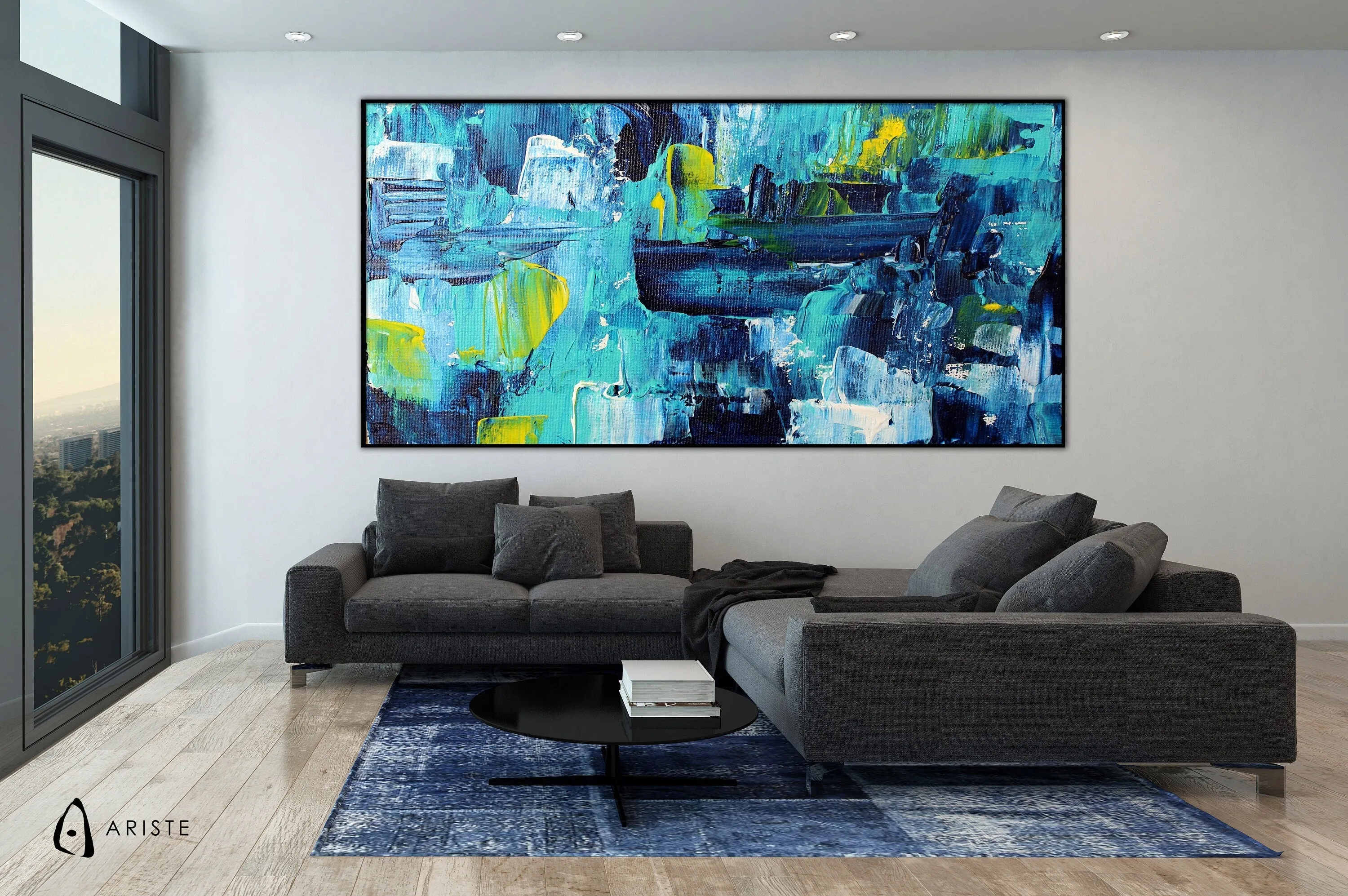 Blue & yellow extra large abstract painting made to order in a custom size