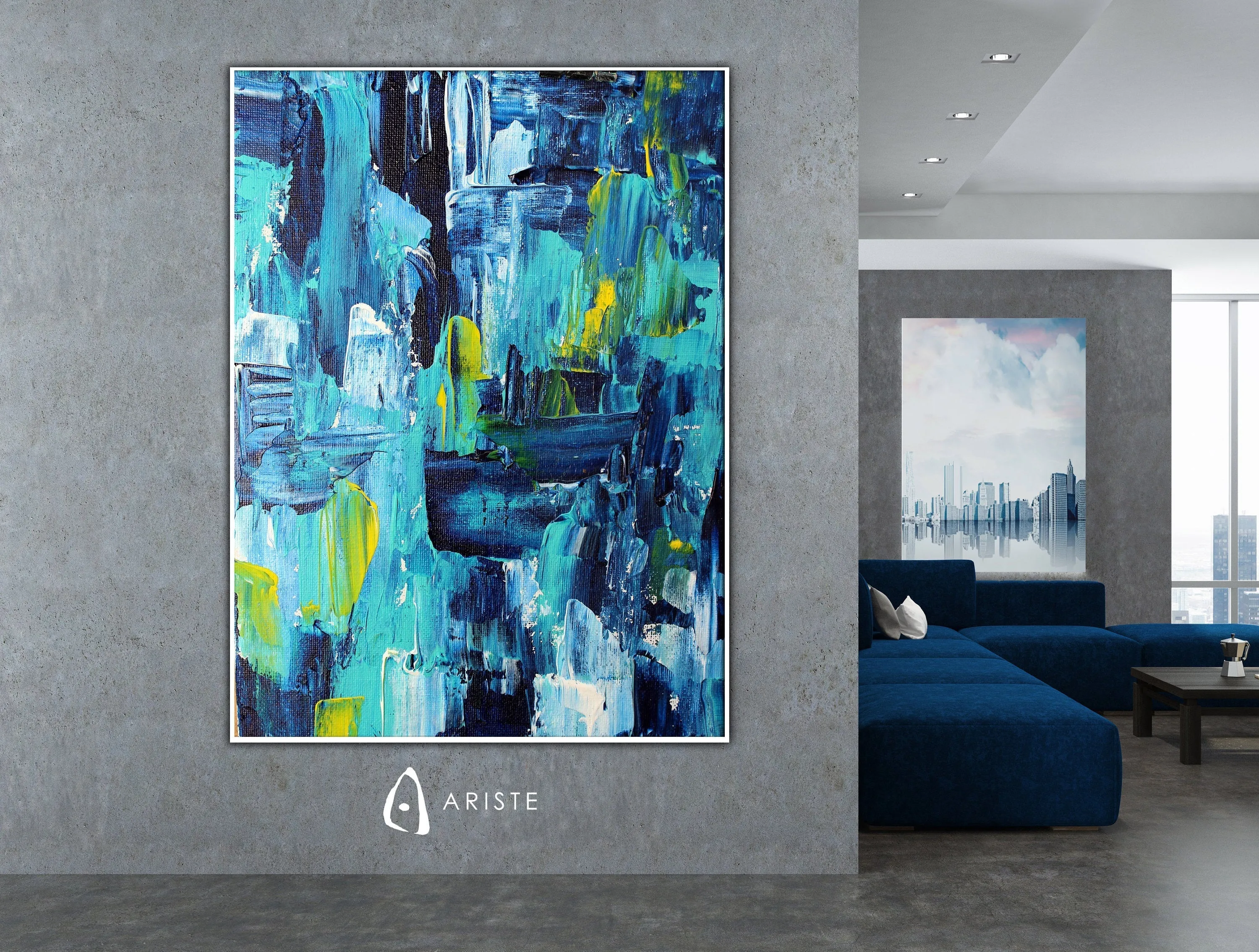 Blue & yellow extra large abstract painting made to order in a custom size