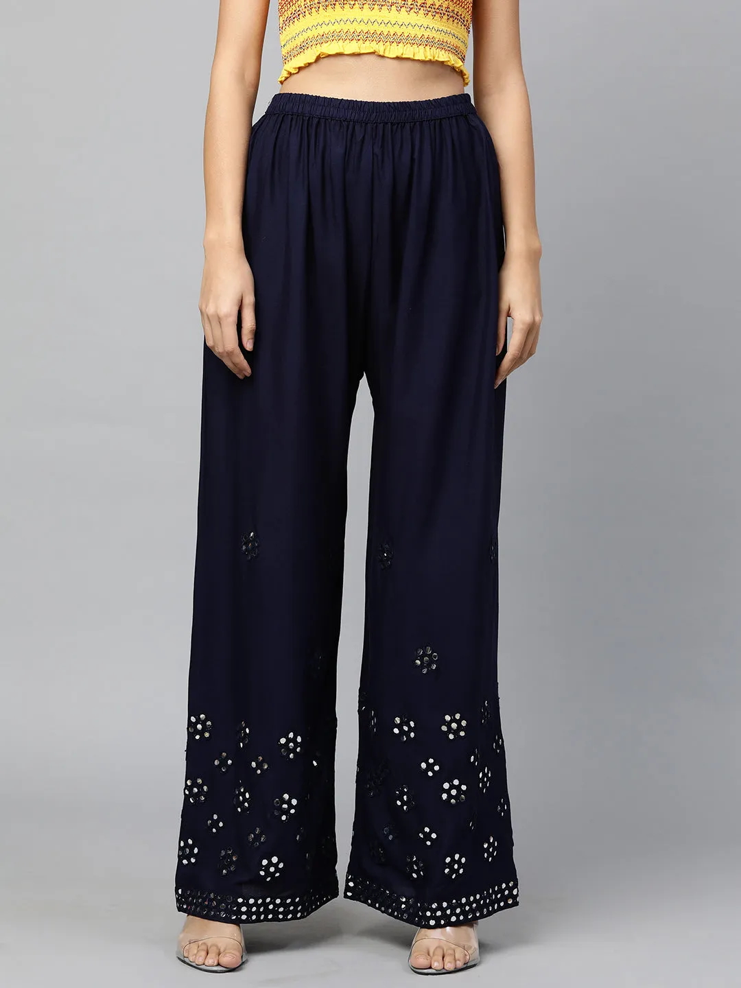 Ethnic Foil Mirror Embroidered Palazzo - Dark Blue
