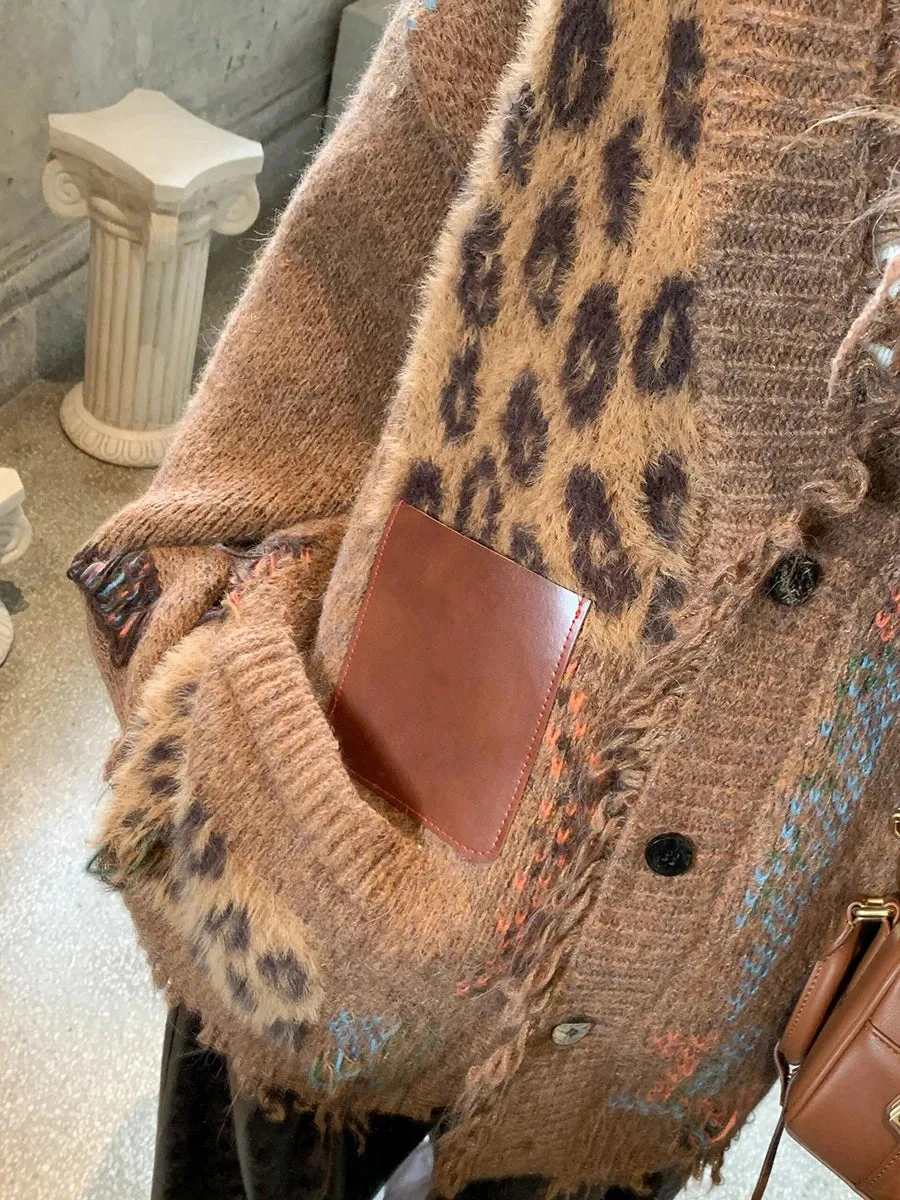 Fashionkova Label Patchwork Leopard Cardigan Sweater Women Retro Ripped Tassels Button Down Knit Jacket Thick Warm Winter Outwear