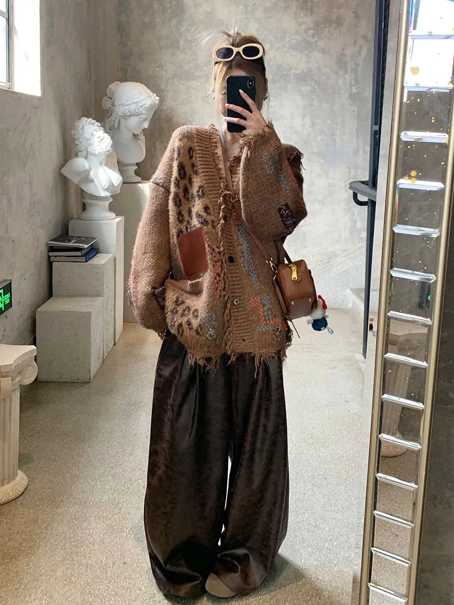 Fashionkova Label Patchwork Leopard Cardigan Sweater Women Retro Ripped Tassels Button Down Knit Jacket Thick Warm Winter Outwear