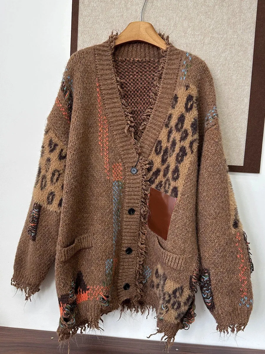 Fashionkova Label Patchwork Leopard Cardigan Sweater Women Retro Ripped Tassels Button Down Knit Jacket Thick Warm Winter Outwear
