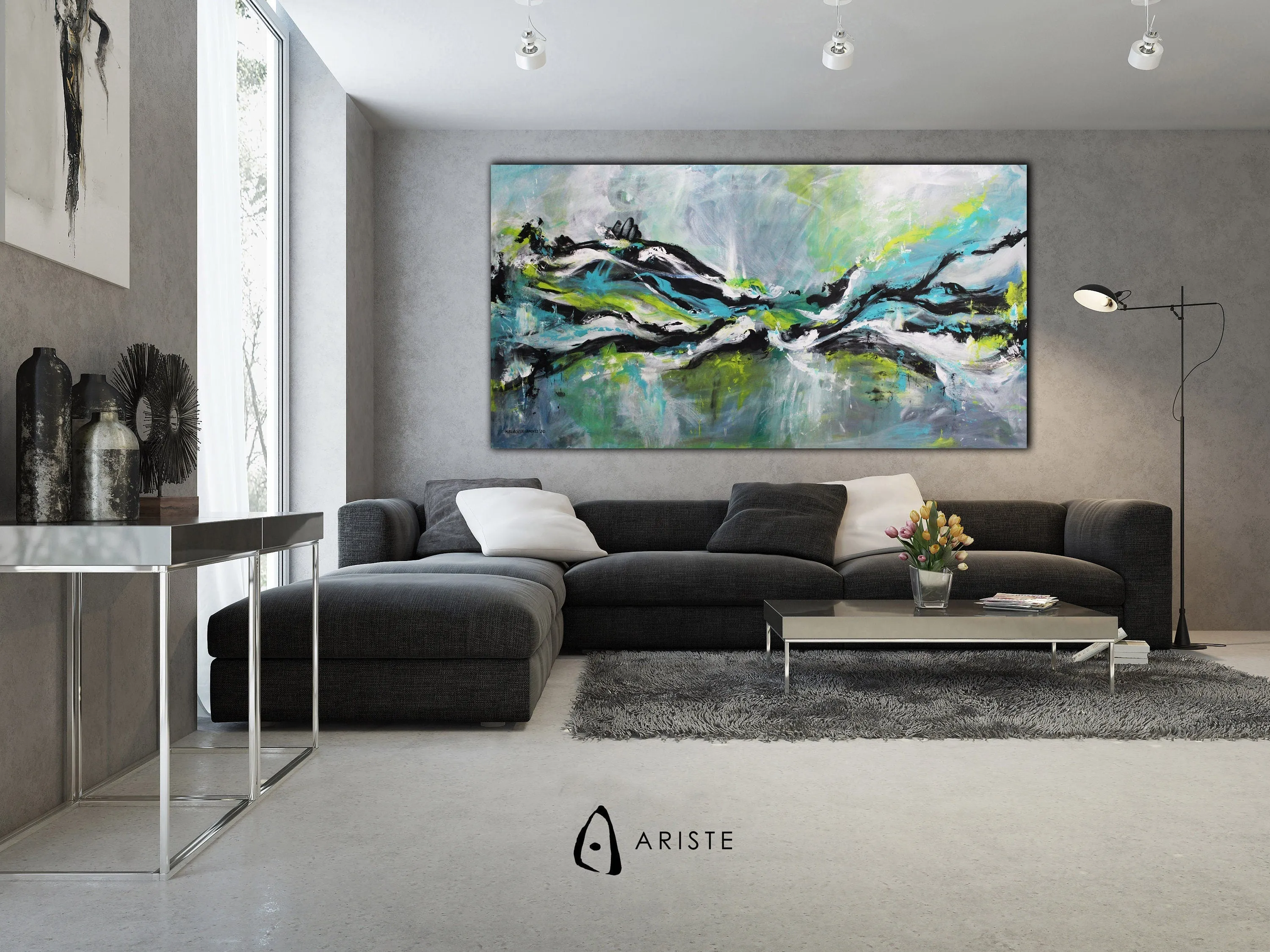 Neutral, teal & lime green large abstract painting made to order in a custom size