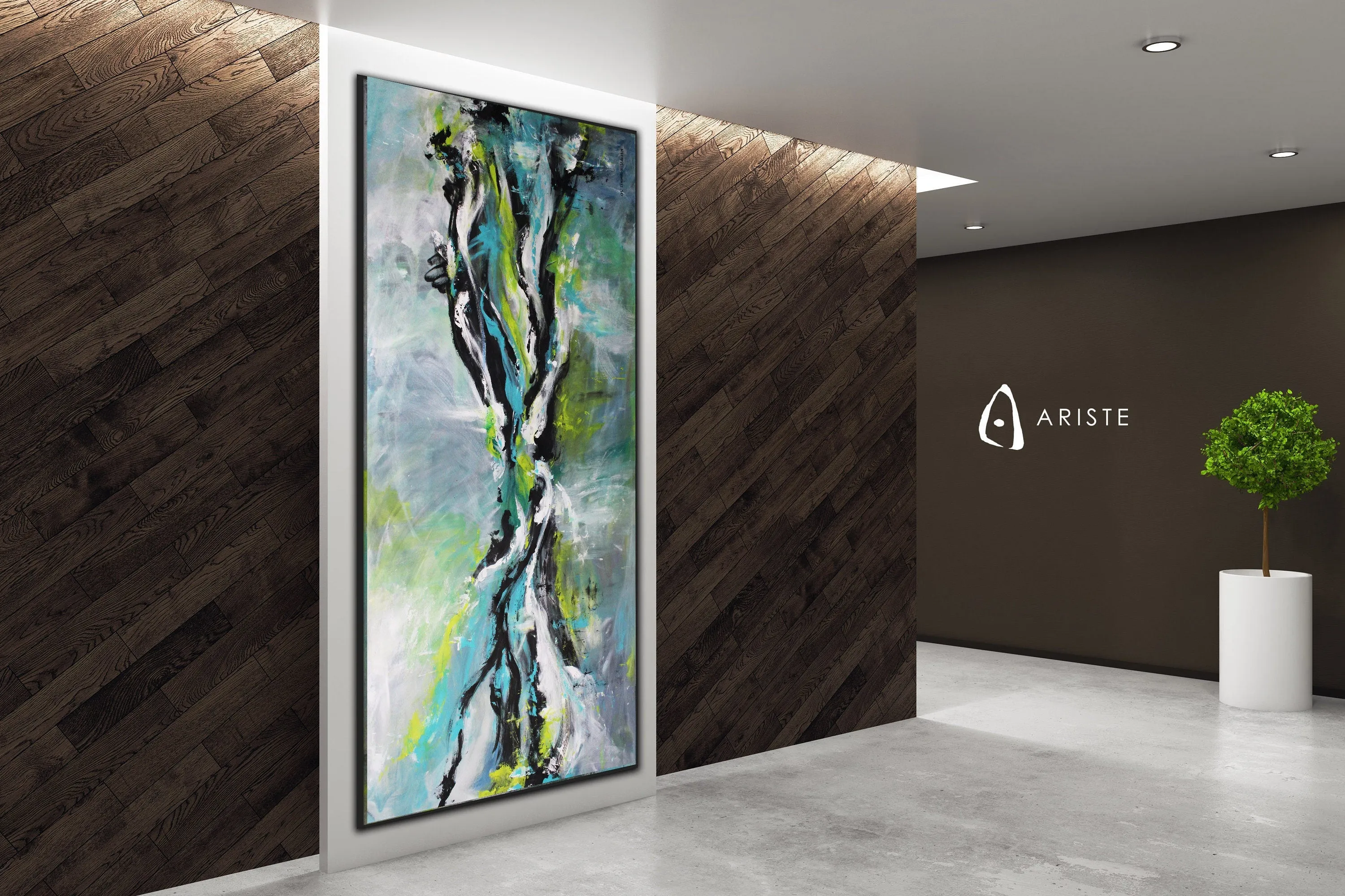 Neutral, teal & lime green large abstract painting made to order in a custom size