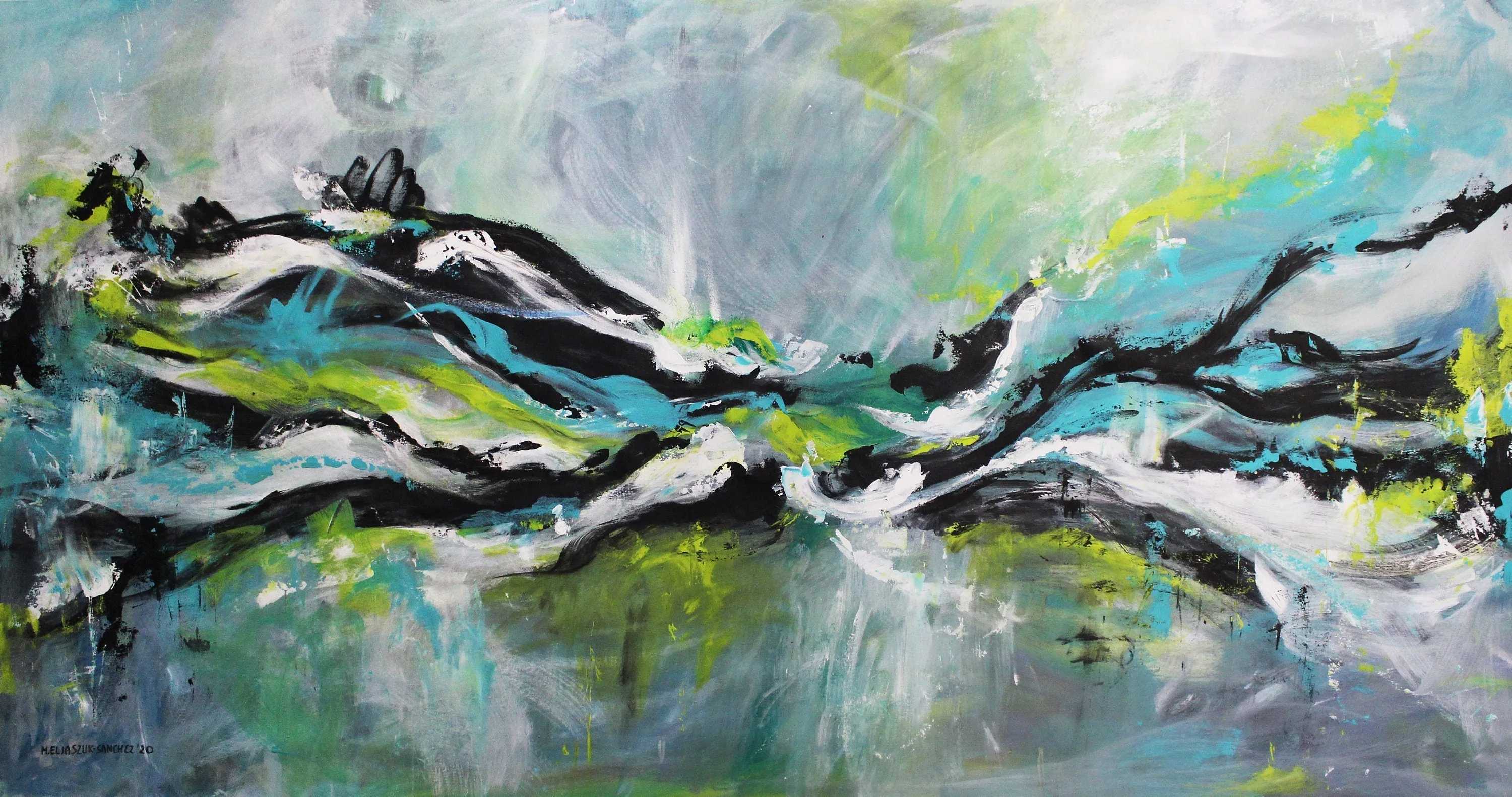 Neutral, teal & lime green large abstract painting made to order in a custom size