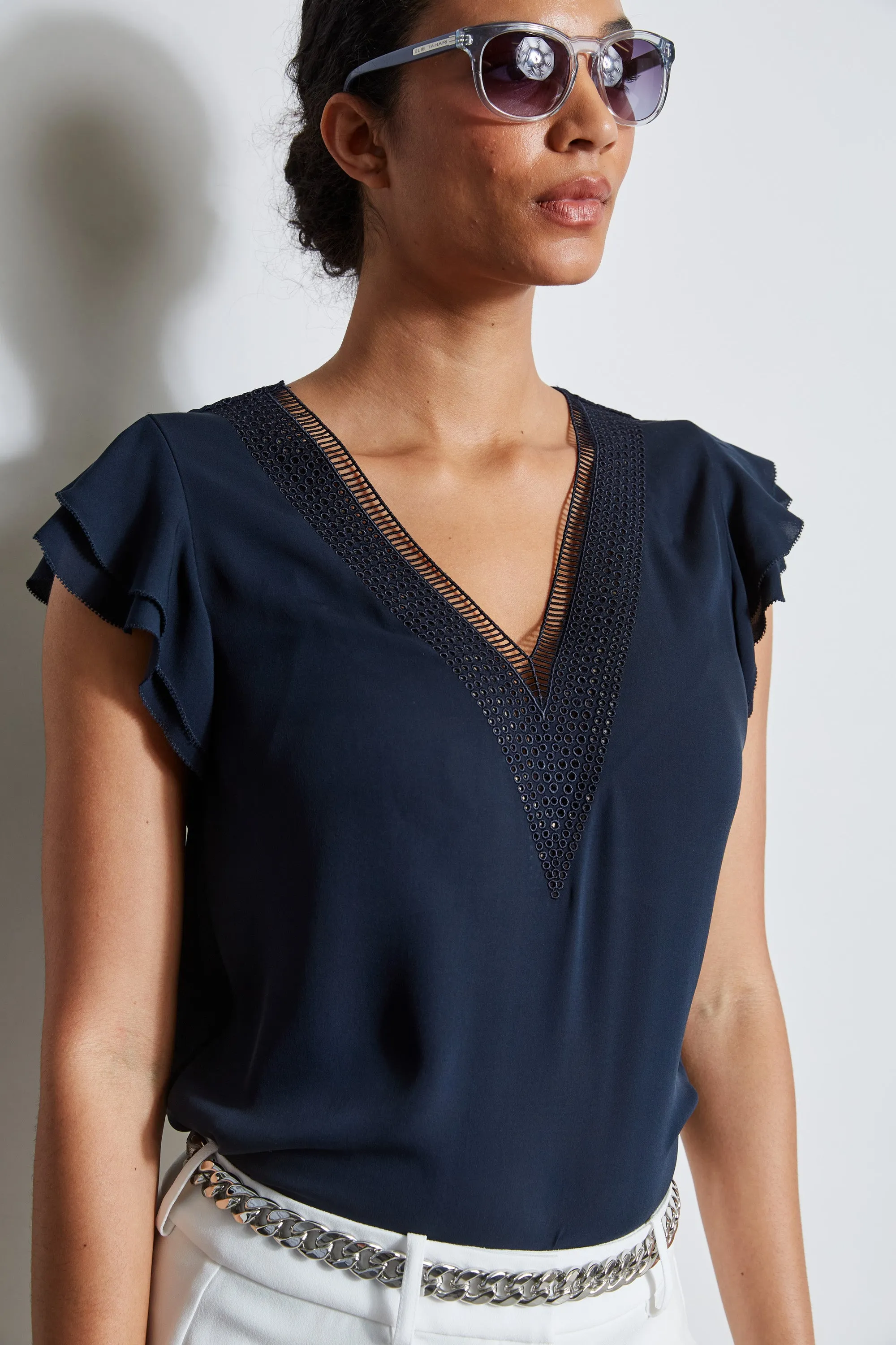 Silk Flutter Sleeve Embroidered Shirt