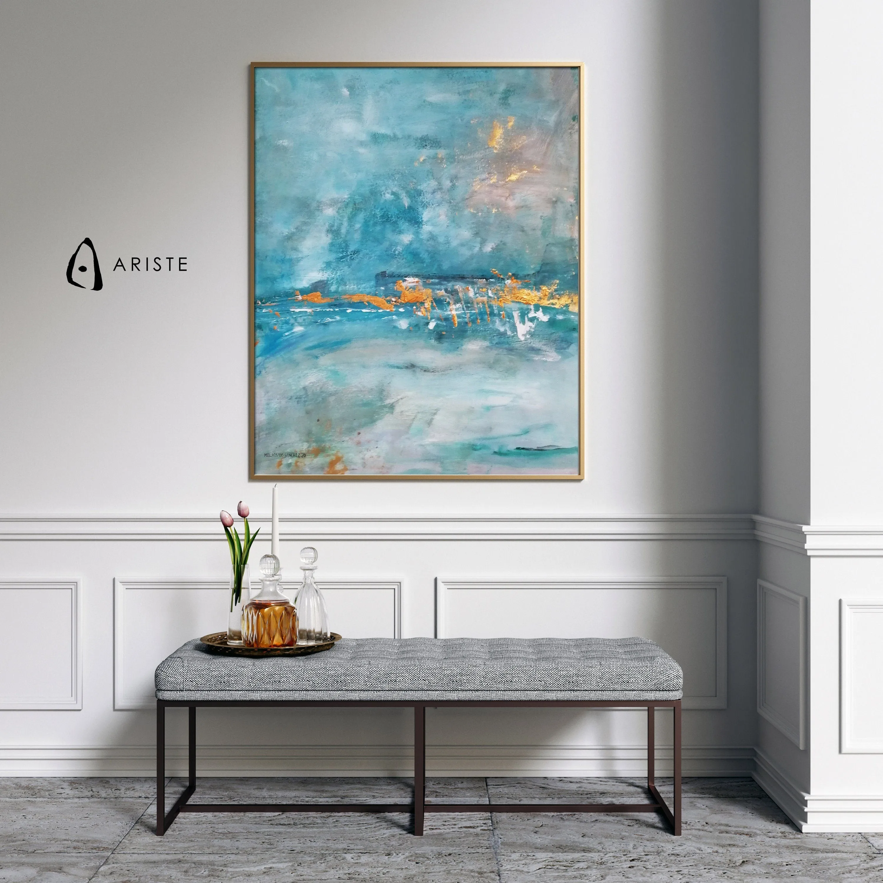 Teal blue & gold large abstract seascape painting made to order in a custom size