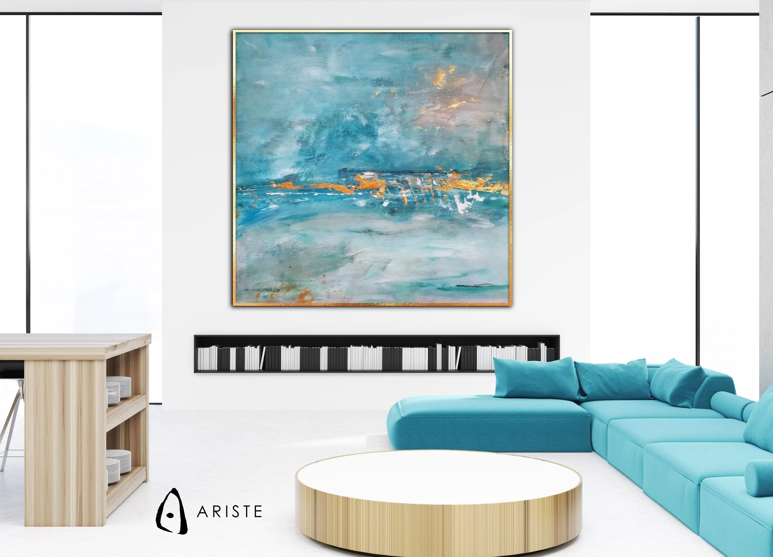 Teal blue & gold large abstract seascape painting made to order in a custom size