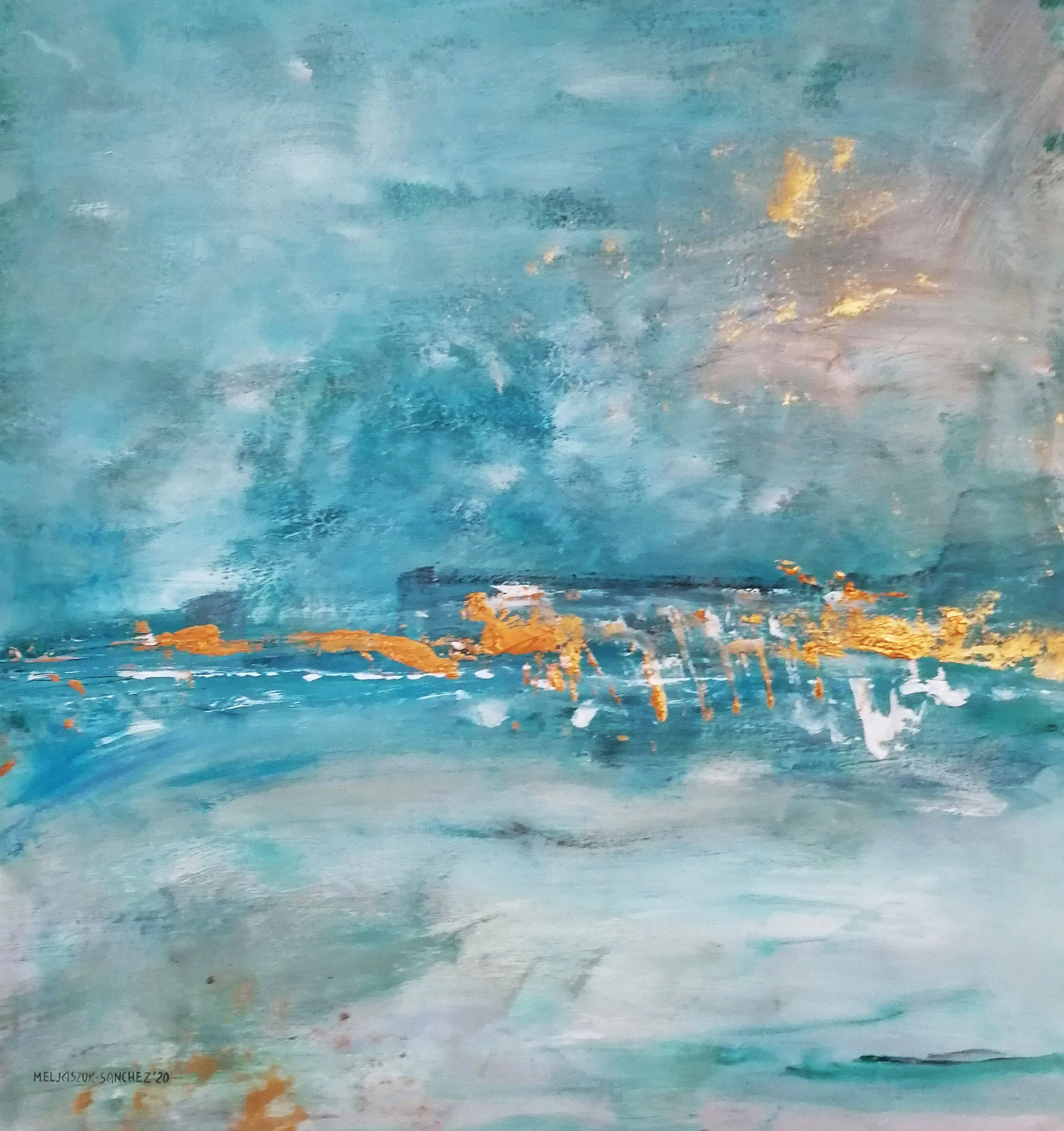 Teal blue & gold large abstract seascape painting made to order in a custom size