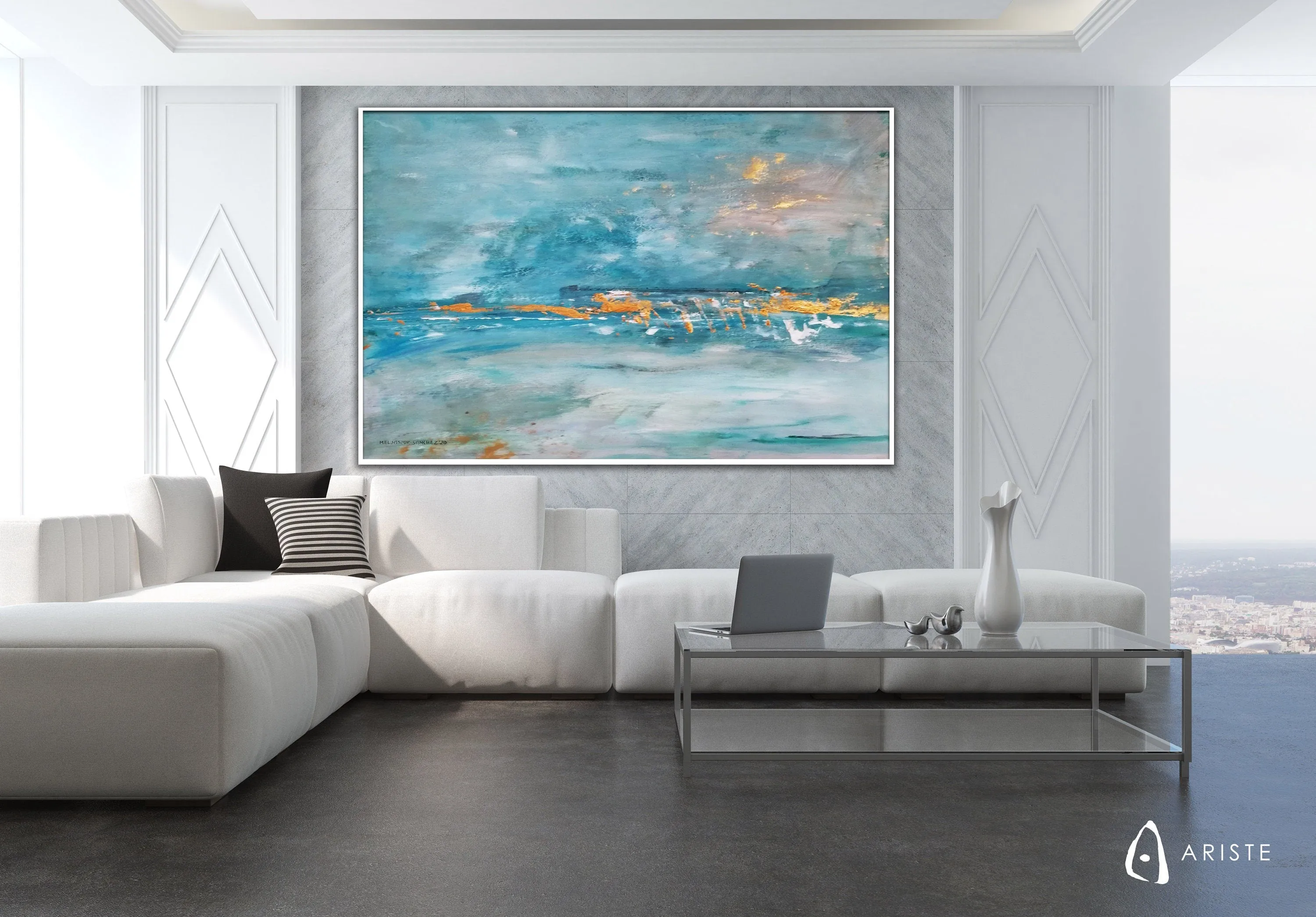 Teal blue & gold large abstract seascape painting made to order in a custom size