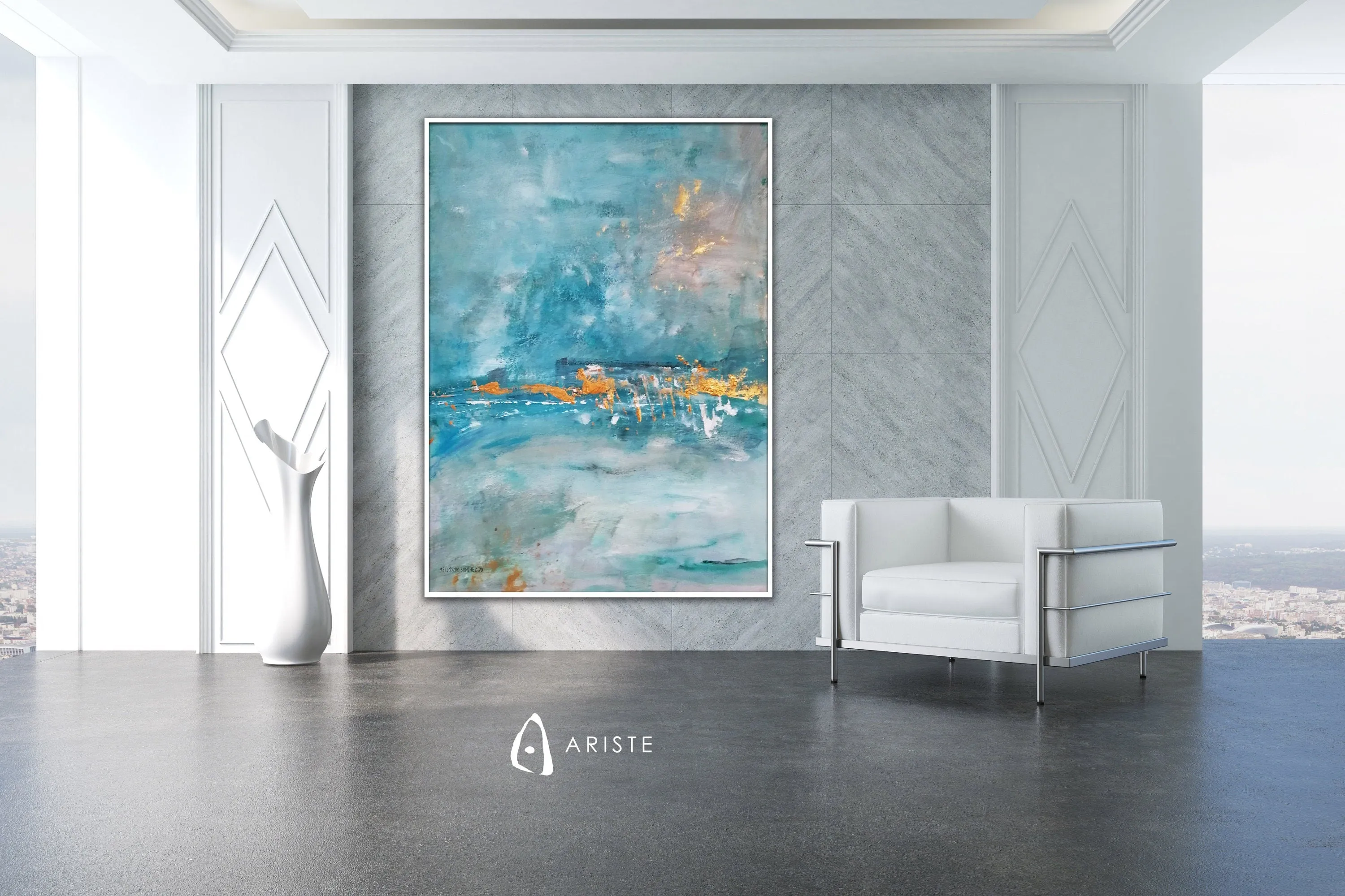 Teal blue & gold large abstract seascape painting made to order in a custom size