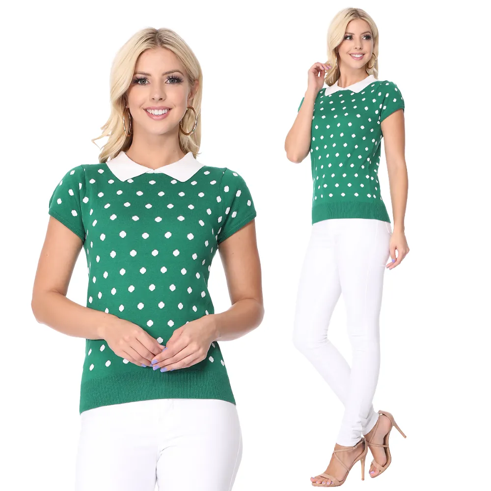 YEMAK Women's Classic Polka Dot Contrast Collar Short Sleeve Casual Pullover Sweater MK3673