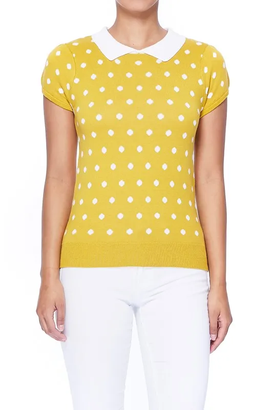 YEMAK Women's Classic Polka Dot Contrast Collar Short Sleeve Casual Pullover Sweater MK3673