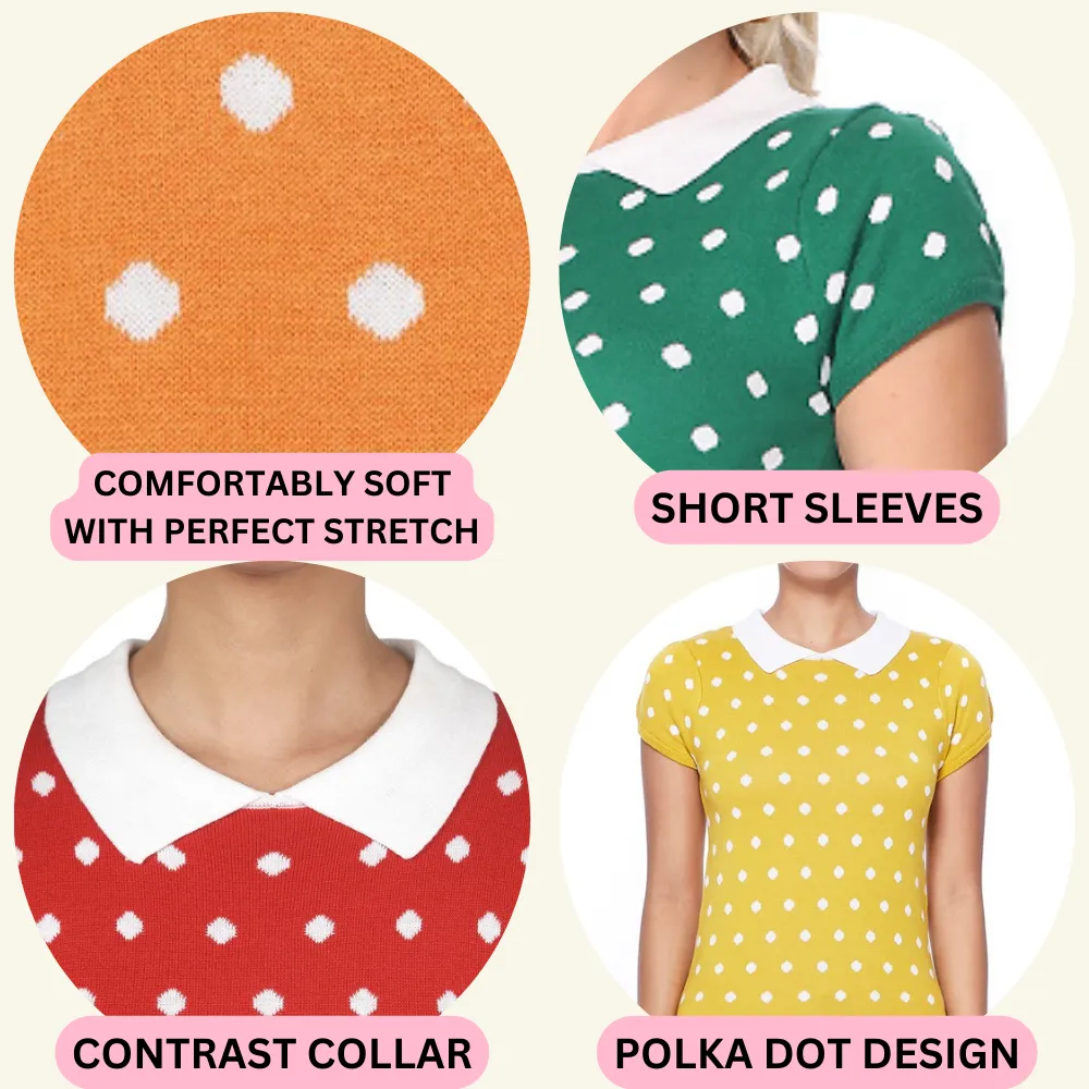 YEMAK Women's Classic Polka Dot Contrast Collar Short Sleeve Casual Pullover Sweater MK3673