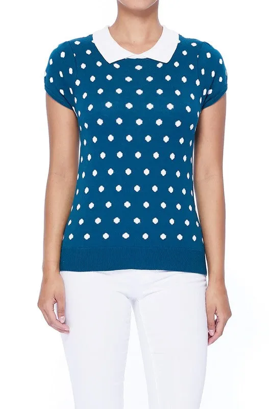 YEMAK Women's Classic Polka Dot Contrast Collar Short Sleeve Casual Pullover Sweater MK3673
