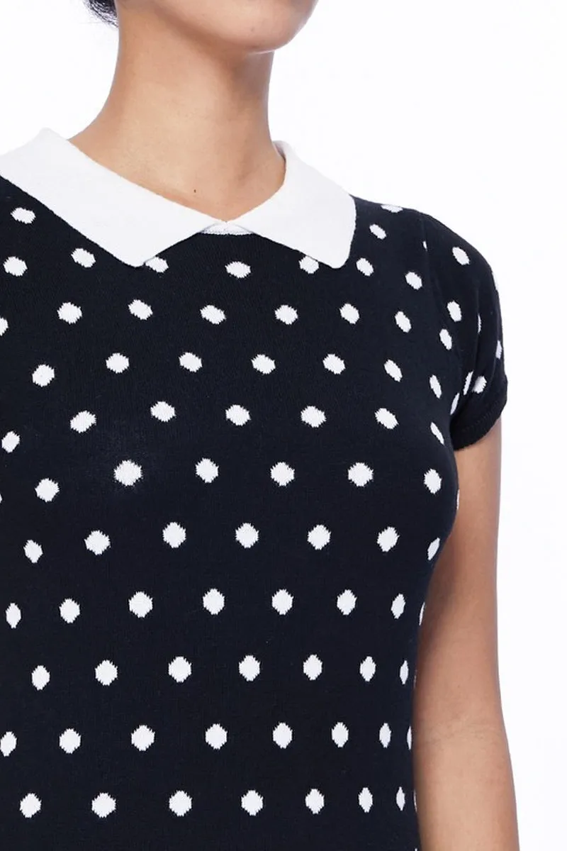 YEMAK Women's Classic Polka Dot Contrast Collar Short Sleeve Casual Pullover Sweater MK3673