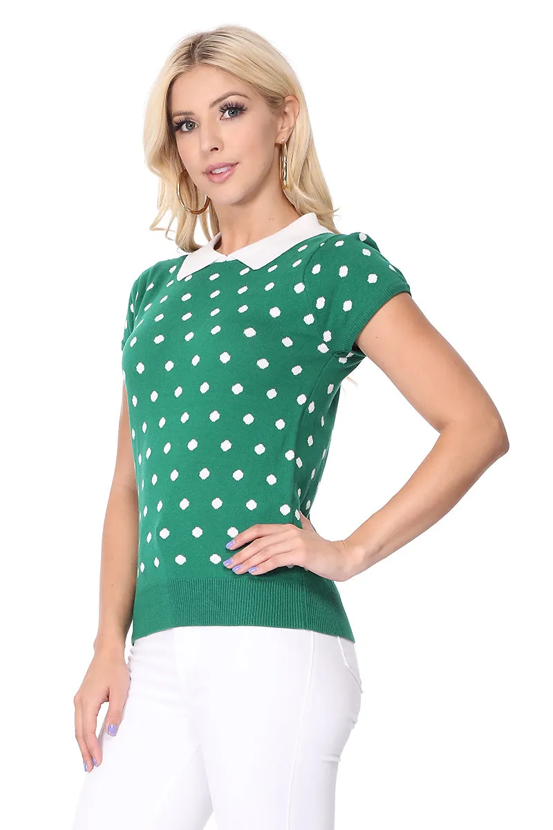 YEMAK Women's Classic Polka Dot Contrast Collar Short Sleeve Casual Pullover Sweater MK3673