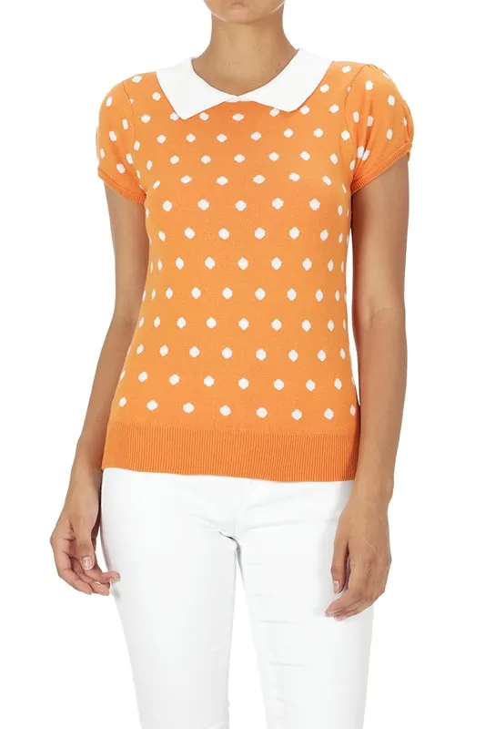 YEMAK Women's Classic Polka Dot Contrast Collar Short Sleeve Casual Pullover Sweater MK3673