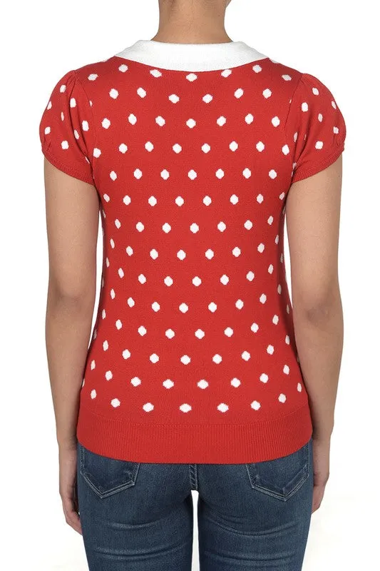 YEMAK Women's Classic Polka Dot Contrast Collar Short Sleeve Casual Pullover Sweater MK3673