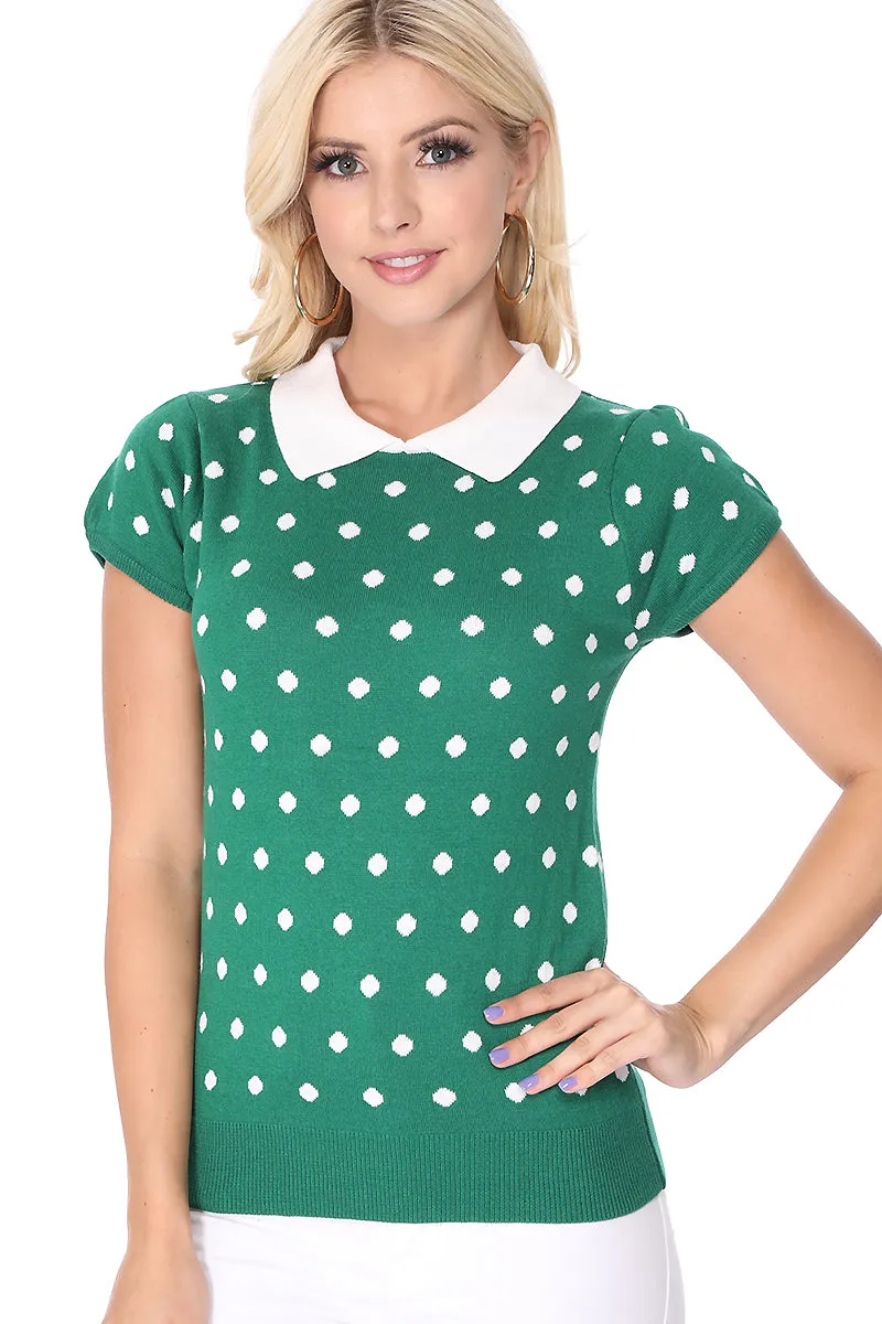 YEMAK Women's Classic Polka Dot Contrast Collar Short Sleeve Casual Pullover Sweater MK3673