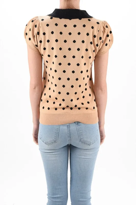 YEMAK Women's Classic Polka Dot Contrast Collar Short Sleeve Casual Pullover Sweater MK3673