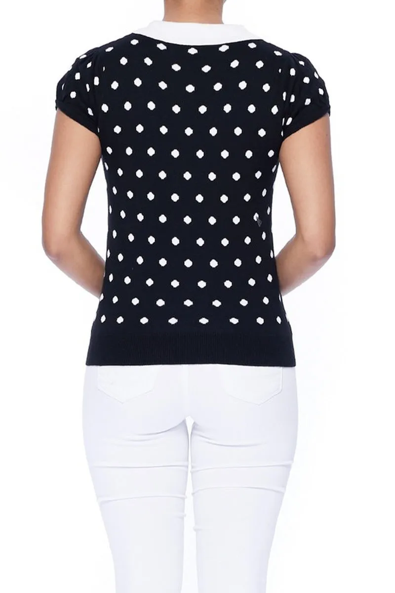 YEMAK Women's Classic Polka Dot Contrast Collar Short Sleeve Casual Pullover Sweater MK3673