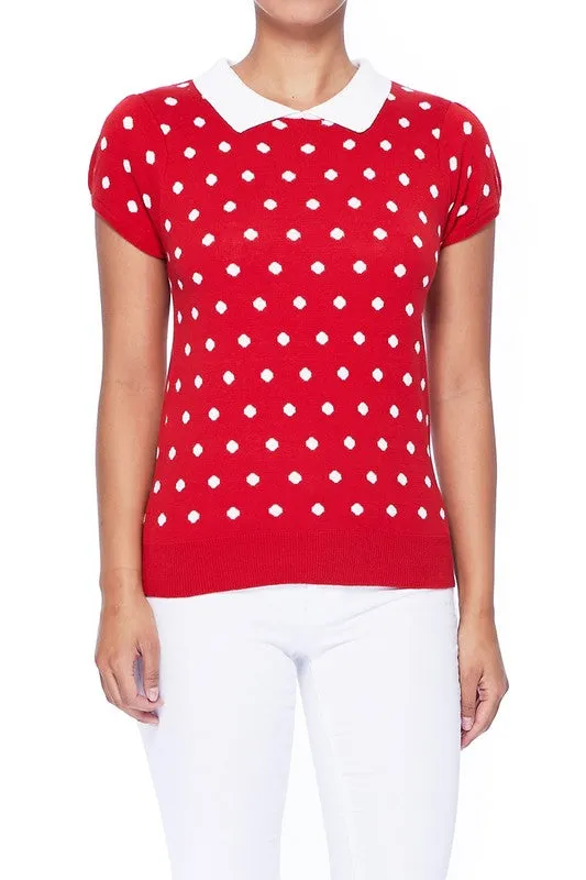 YEMAK Women's Classic Polka Dot Contrast Collar Short Sleeve Casual Pullover Sweater MK3673