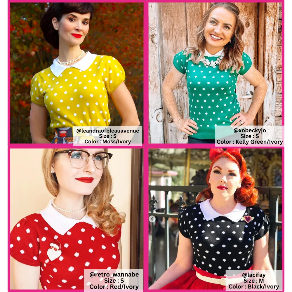 YEMAK Women's Classic Polka Dot Contrast Collar Short Sleeve Casual Pullover Sweater MK3673