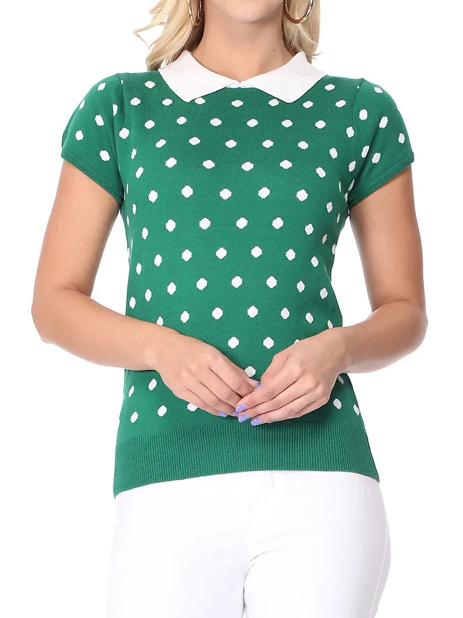 YEMAK Women's Classic Polka Dot Contrast Collar Short Sleeve Casual Pullover Sweater MK3673