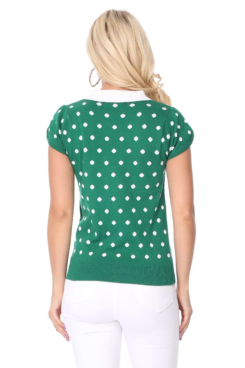 YEMAK Women's Classic Polka Dot Contrast Collar Short Sleeve Casual Pullover Sweater MK3673