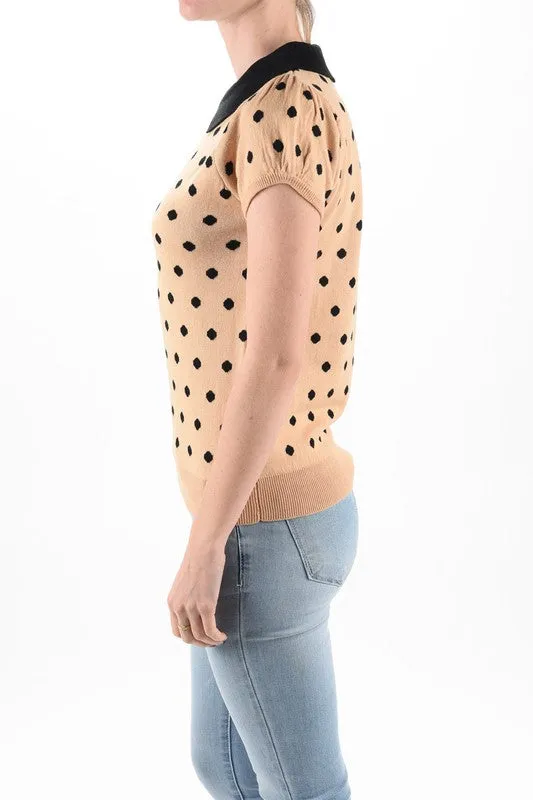 YEMAK Women's Classic Polka Dot Contrast Collar Short Sleeve Casual Pullover Sweater MK3673