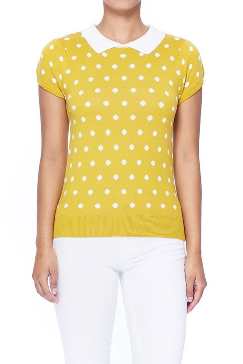 YEMAK Women's Classic Polka Dot Contrast Collar Short Sleeve Casual Pullover Sweater MK3673