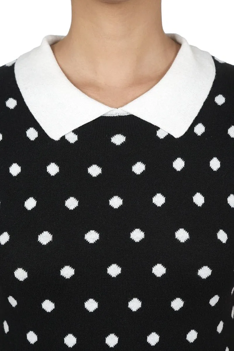 YEMAK Women's Classic Polka Dot Contrast Collar Short Sleeve Casual Pullover Sweater MK3673