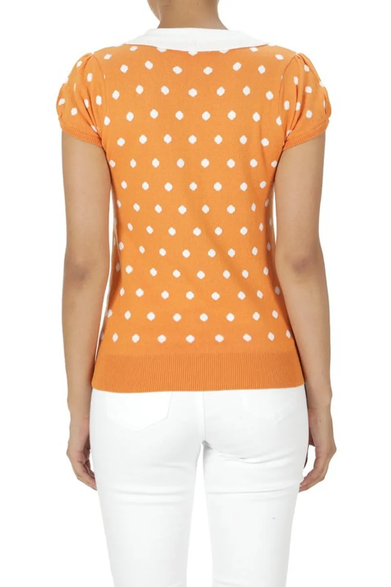 YEMAK Women's Classic Polka Dot Contrast Collar Short Sleeve Casual Pullover Sweater MK3673