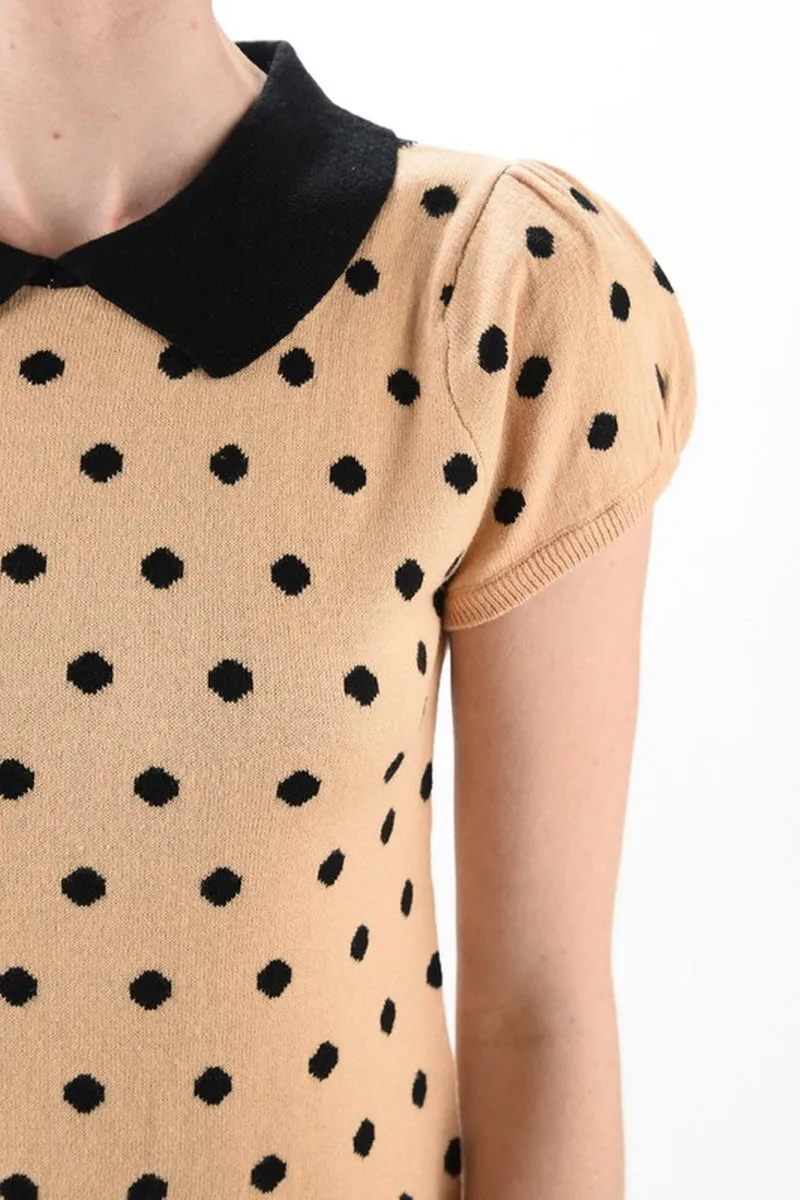 YEMAK Women's Classic Polka Dot Contrast Collar Short Sleeve Casual Pullover Sweater MK3673