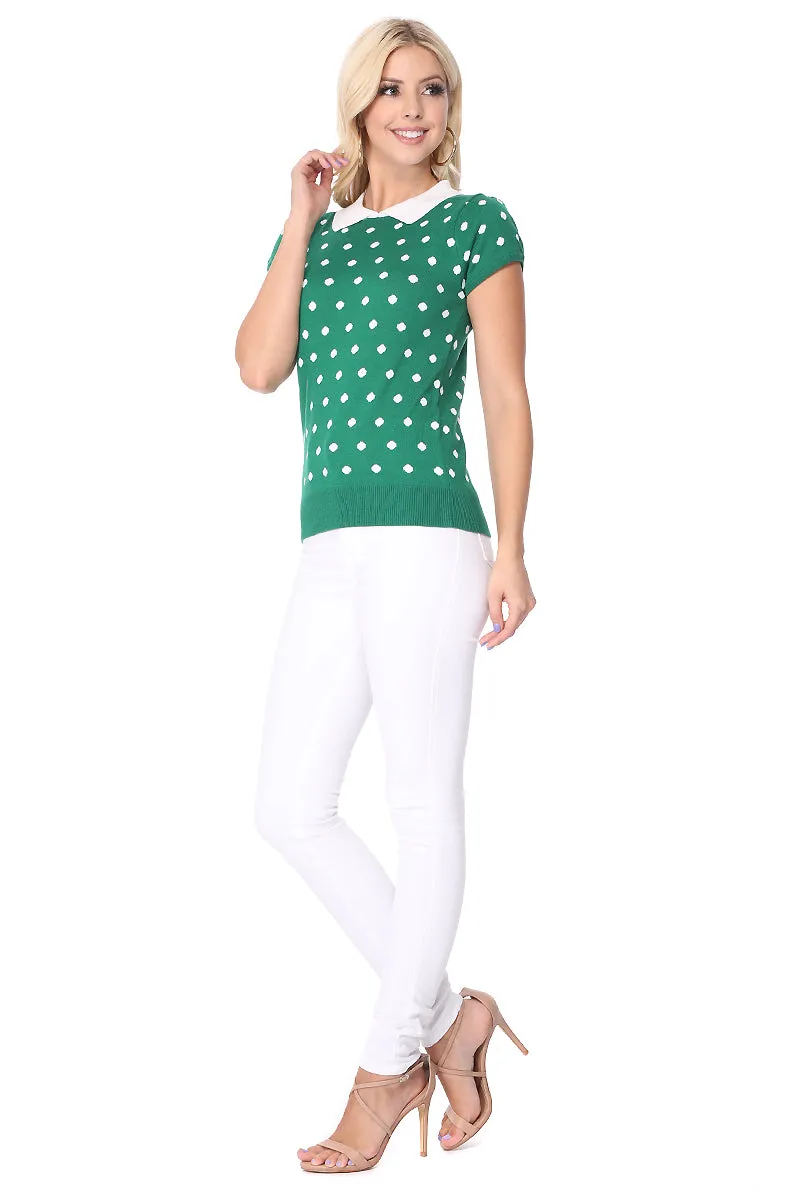 YEMAK Women's Classic Polka Dot Contrast Collar Short Sleeve Casual Pullover Sweater MK3673